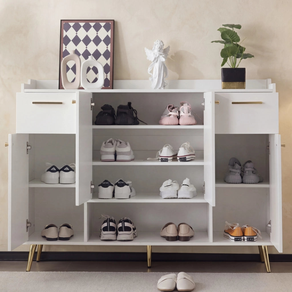 Armadio per scarpe con 2 cassetti e 4 ante - Zephmum - B130xL37xH100 cm - Bianco - Piedini in metallo