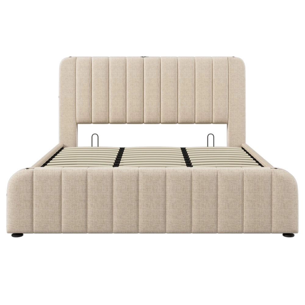 Letto Contenitore Matrimoniale Imbottito con Materasso ¨C Xylo ¨C Beige, Idraulico, Testiera LED USB, 180x200