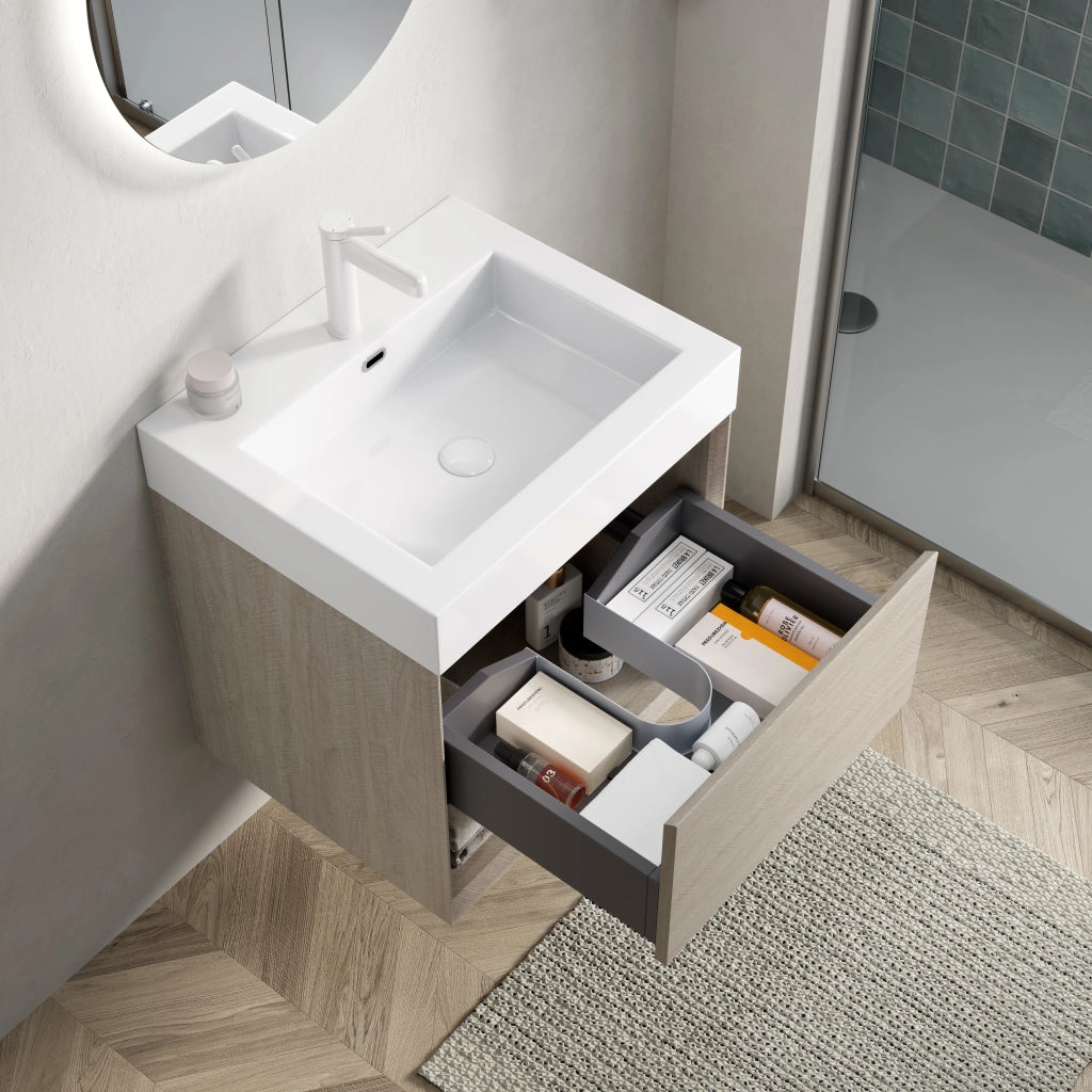 Mobile bagno sospeso con 1 cassetto e 1 vano aperto con lavabo integrato per bagno; 55×46×60 cm; rovere chiaro e bianco