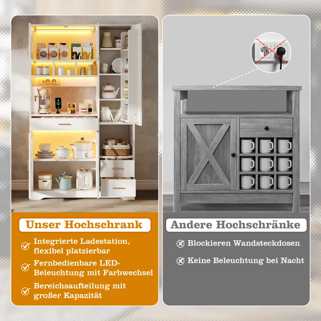 Credenza buffet con ripiani regolabili, LED a colori, prese USB e AC, vetrine in vetro, bianco 105 × 40 × 185 cm