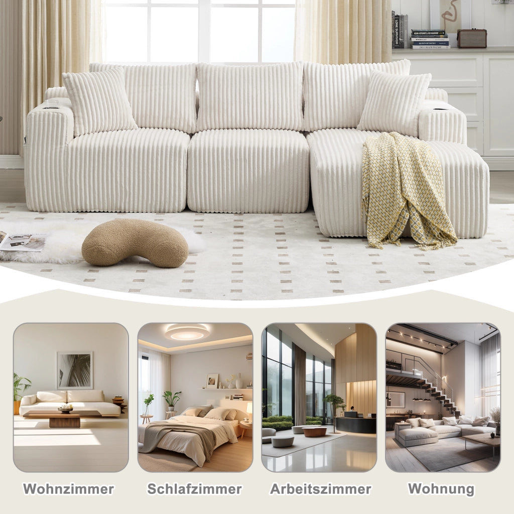 Divano modulare con chaise longue e 2 posti, tasche laterali, portabicchieri e 5 cuscini in corduroy beige