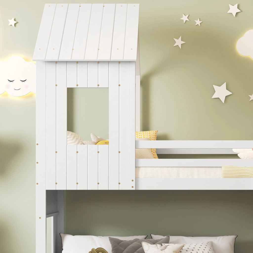 Letto a castello con scivolo, design a casetta, con scala laterale e protezioni di sicurezza