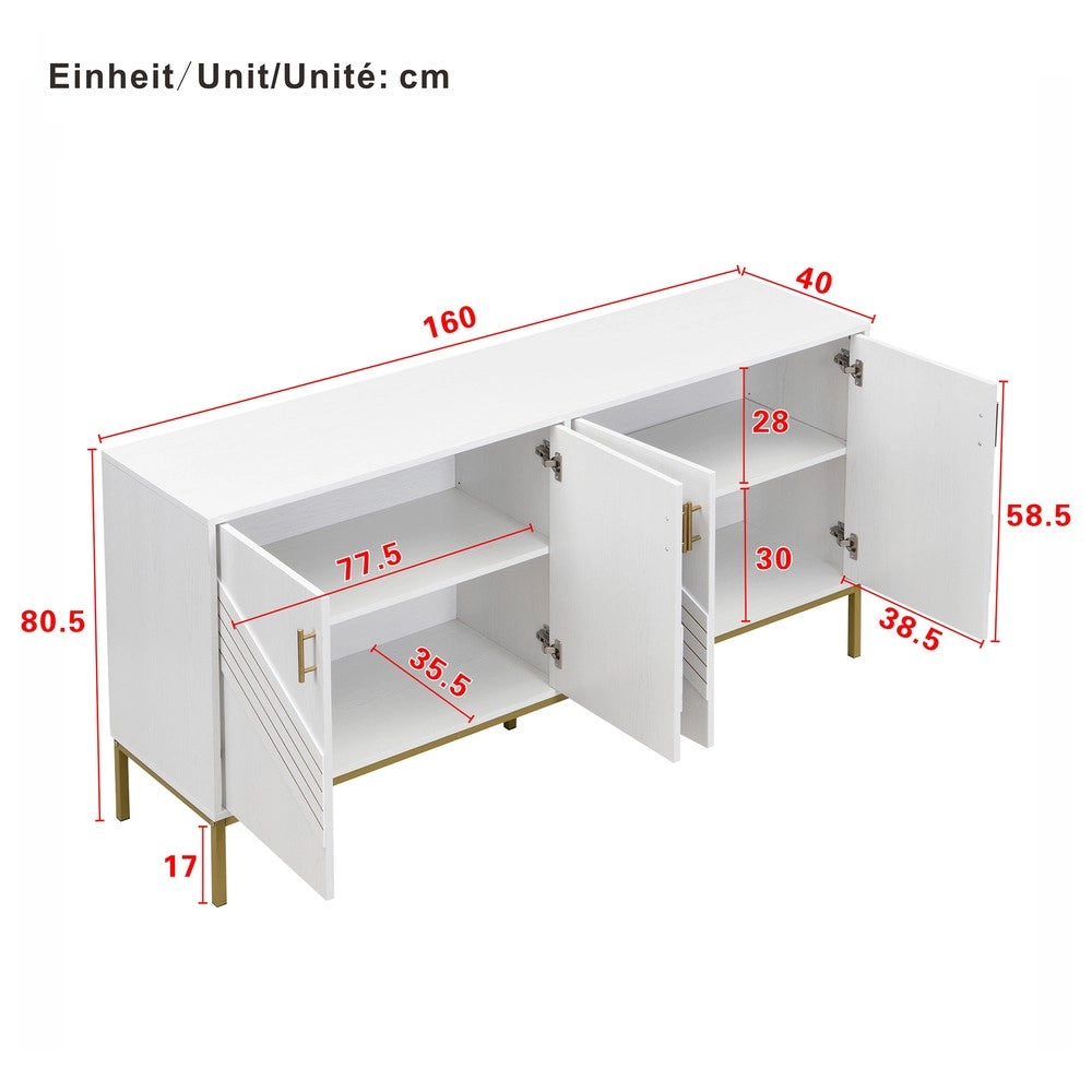 Credenza Moderna con 4 Ante ¨C MINIMAL ¨C Bianco e Oro, MDF, Gambe in Metallo, Ripiani Regolabili