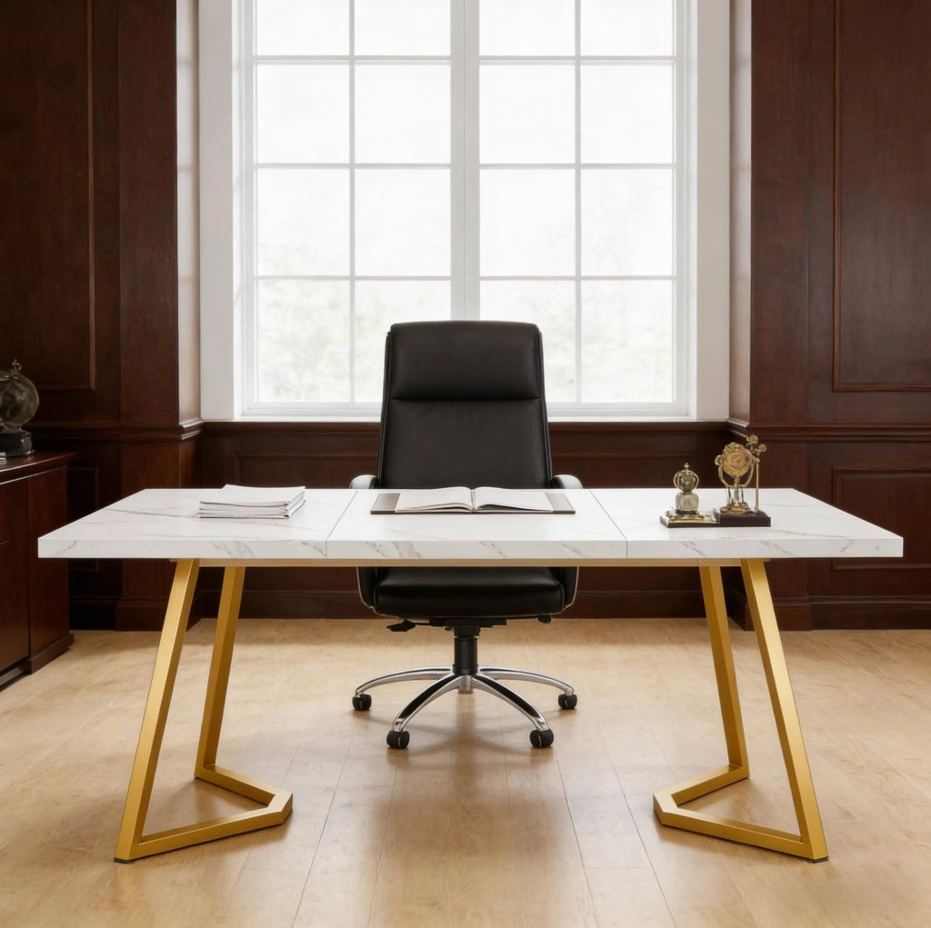 Scrivania per Home Office in legno con design moderno bianco e oro