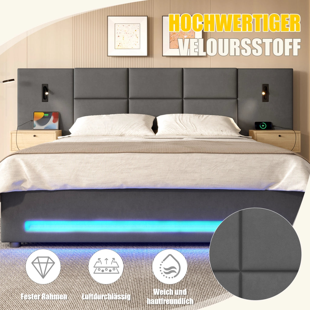 LETTO imbottito 160x200 cm in velluto grigio scuro con contenitore e USB-C