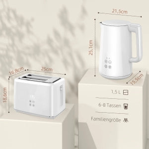 Set Colazione: Bollitore 1,5L e Tostapane 2 Fette, 2200W, 7 Livelli, Scongelamento/Riscaldamento, Spegnimento Auto, LED, Bianco