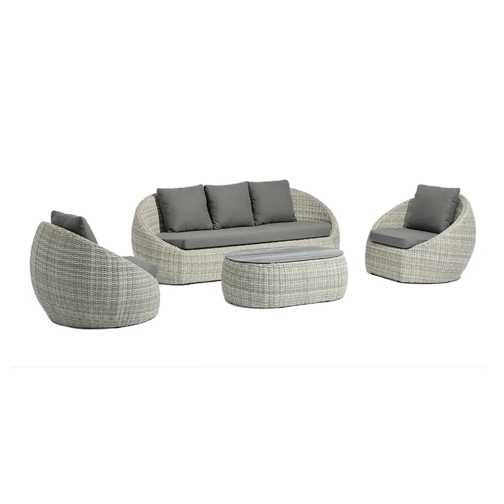 Tempo Style - Salottino Lounge in polyrattan SANTORINI PLUS grigio-mélange | Lounge da giardino con divano, tavolo, 2 poltrone e cuscini | Set di mobili da giardino da 5 persone
