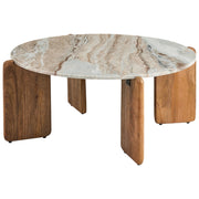 Tavolino con piano in marmo beige e gambe in legno di mango 80 cm stile moderno rotondo soggiorno