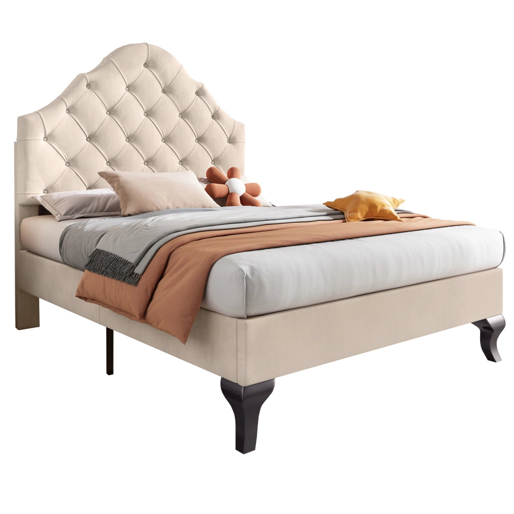 OKWISH Letto Singolo 90×200 cm, Letto per Ragazzi con Testiera Regolabile in Altezza e Rete a Doghe, senza Materasso, Velluto, Beige