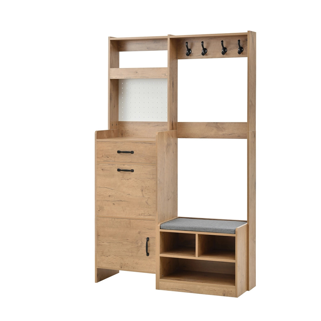 Mobile da ingresso con 2 ante 1 cassetto 4 ganci vano aperto e panca con pannello forato, natural, 108.5 × 35 × 180 cm