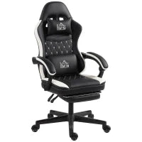 Sedia da Gioco con Poggiapiedi, Sedia da Computer con Cuscino per la Testa e per la Zona Lombare, Rivestimento in Similpelle, Girevole, Regolabile in Altezza, Metallo, Plastica, Nero+Bianco