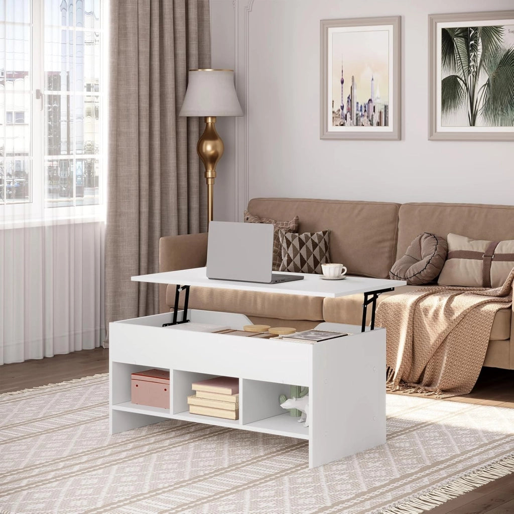Tavolino da Caffè Sollevabile dall'Alto, tavolino Salotto con 1 Scomparto Nascosto e 3 Scomparti Aperti, 96x51x45cm, in Legno Ingegnerizzato, BTS19ws