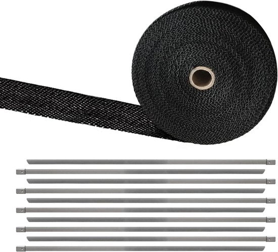 Tappetino termico di protezione per sistemi di scarico caldi - Fibra di vetro - Nero - Nastro con cavi di fissaggio in acciaio inossidabile - 10 metri