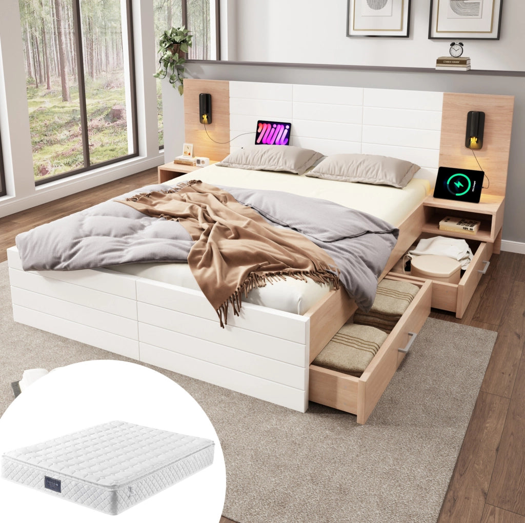 Letto matrimoniale 140x200 cm con 2 cassetti; lampada orientabile e USB; bianco e rovere