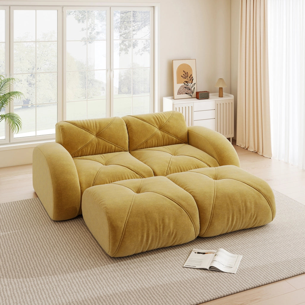 Divano modulare a 2 posti con pouf e comfort in chenille senza telaio giallo 204 × 171 × 76 cm