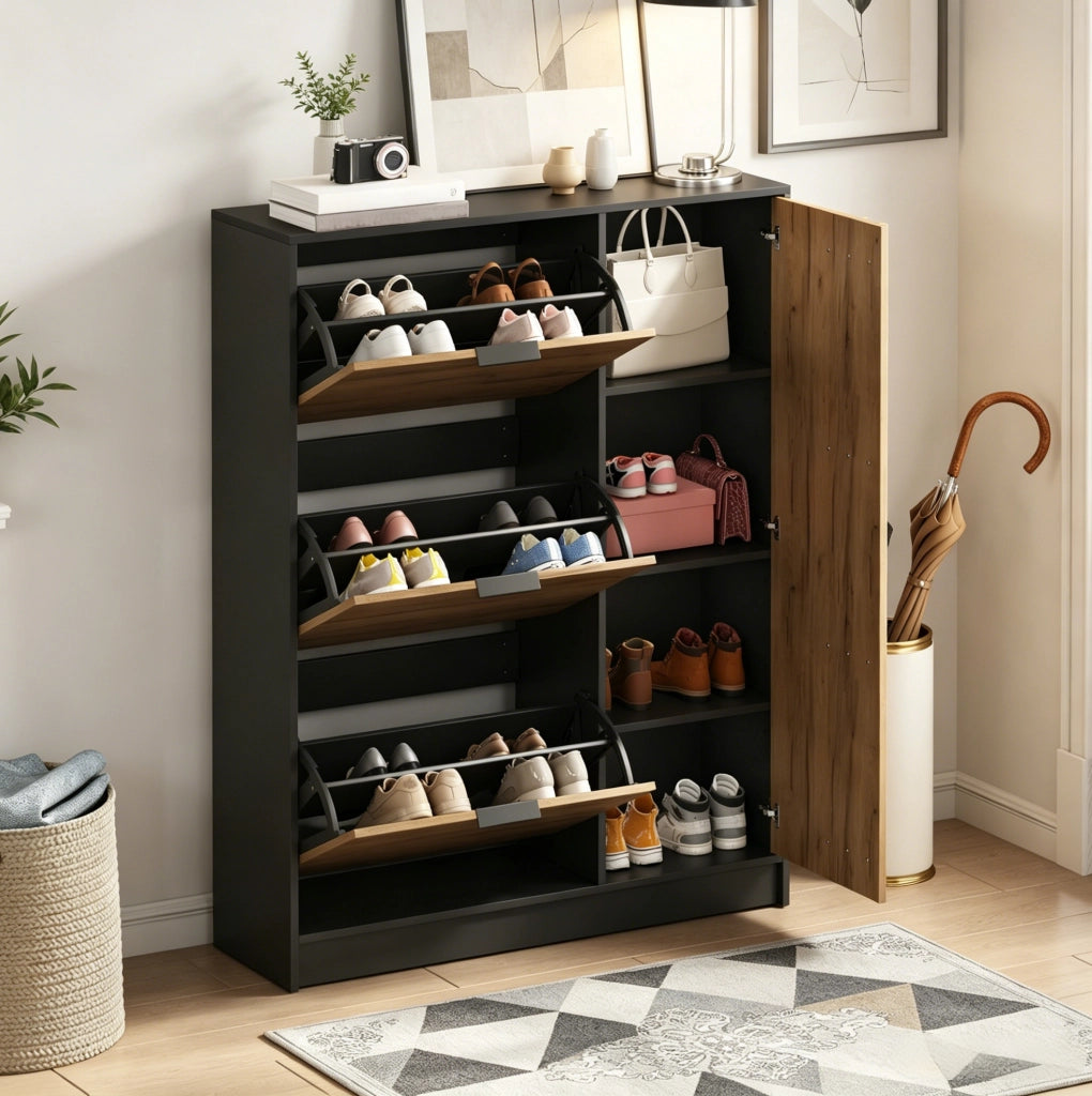 Scarpiera in MDF 100x30x130 cm, naturale e nero
