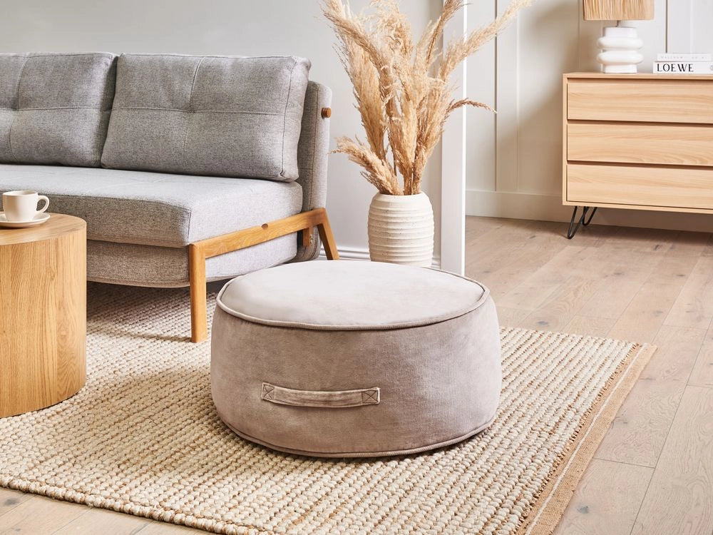 Pouf rotondo moderno in velluto per soggiorno e camera da letto marrone chiaro stile glamour