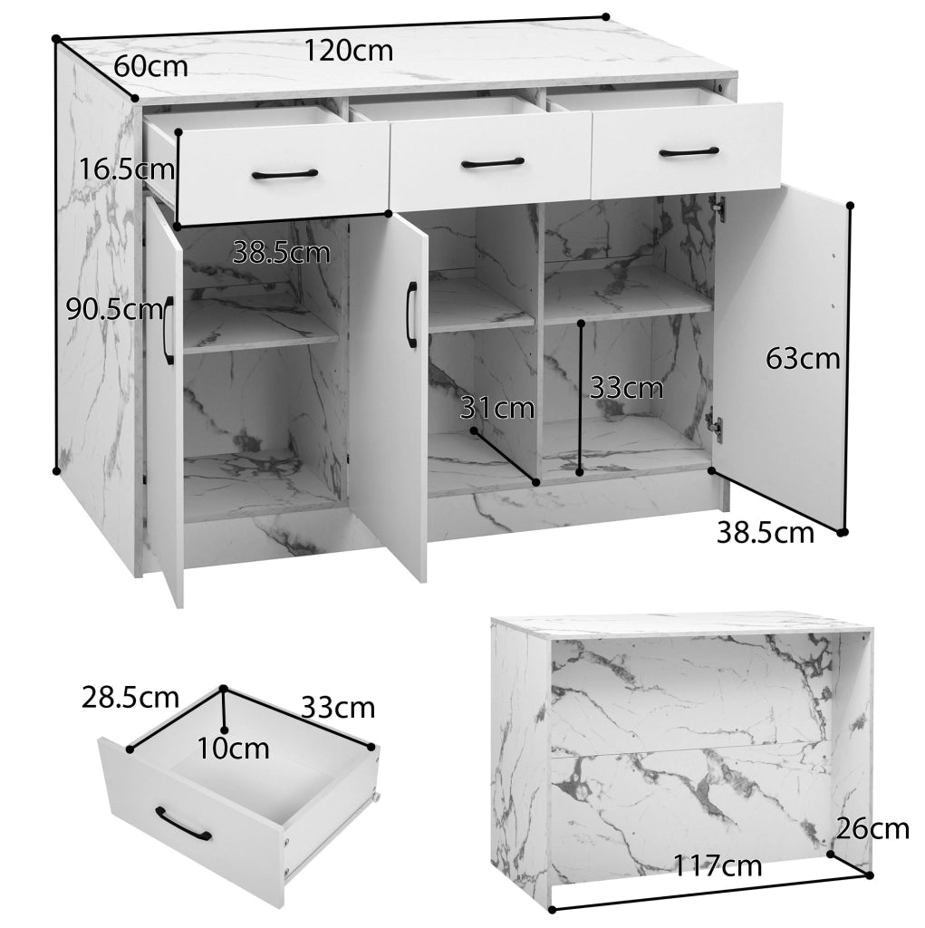 Isola da cucina con area bar 120 x 60 x 90;5 cm; 3 cassetti e 3 ante; bianco marmo