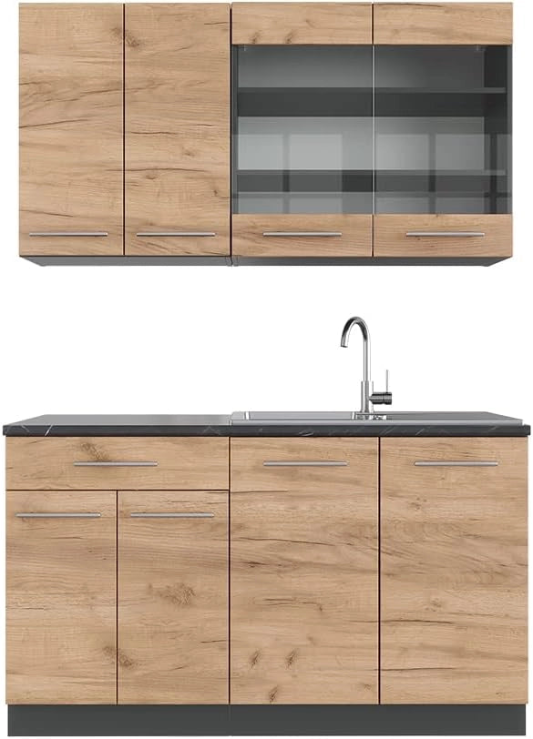 Cucina completa Fame-Line, Quercia dorata/antracite, 140 cm senza piano di lavoro, adatto per la combinazione individuale con altri moduli