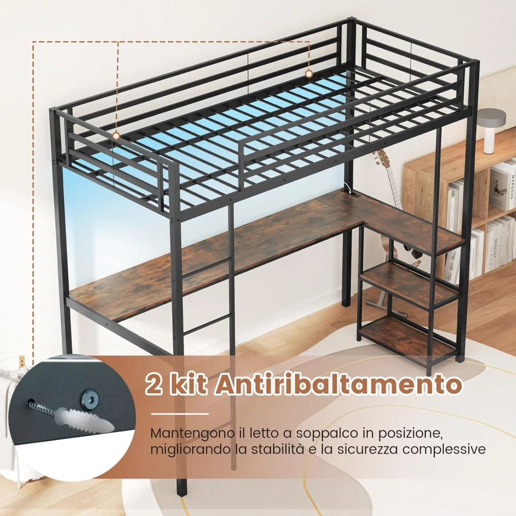Letto a Soppalco 90 x 200 cm con Scrivania Sotto, Letto a Castello con Luce LED e Stazione di Ricarica, Letto Rialzato Struttura in Ferro con 2 Ripiani per Ragazzi e Ragazze (Nero)