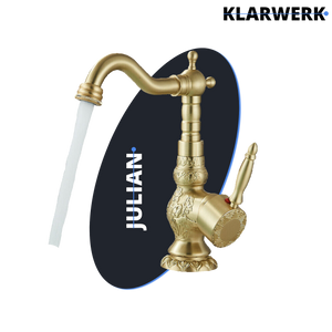 JULIAN | Rubinetto da bagno alto vintage oro spazzolato | Miscelatore retrò in acciaio inox per lavabo freestanding | Bagno con rubinetto gastronomico