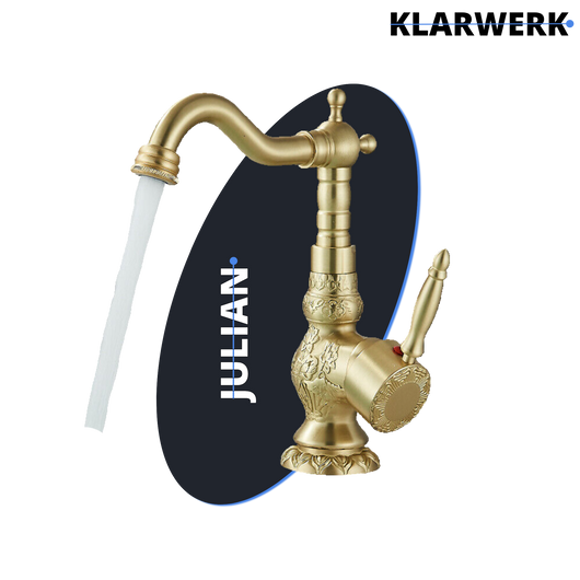 JULIAN | Rubinetto da bagno alto vintage oro spazzolato | Miscelatore retrò in acciaio inox per lavabo freestanding | Bagno con rubinetto gastronomico