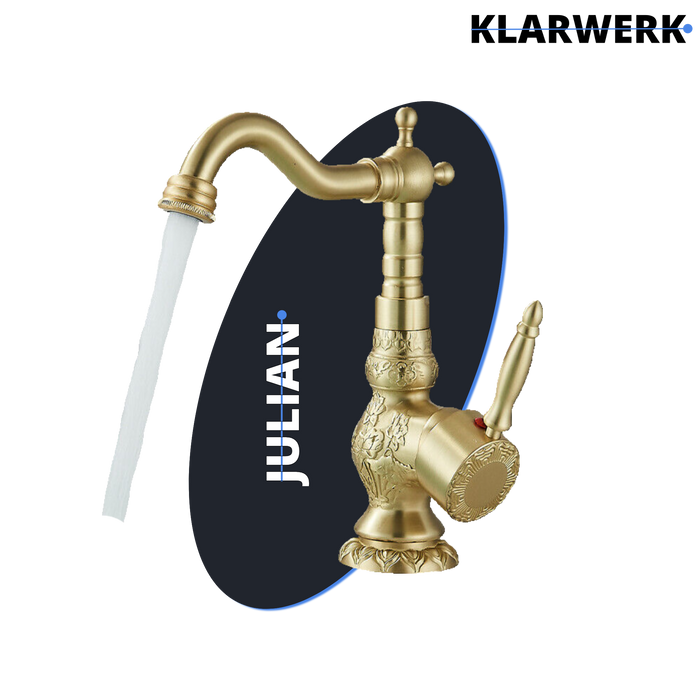 JULIAN | Rubinetto da bagno alto vintage oro spazzolato | Miscelatore retrò in acciaio inox per lavabo freestanding | Bagno con rubinetto gastronomico