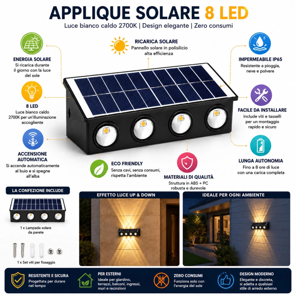 APPLIQUE LAMPADA 8 LED MURO PARETE SOLARE IP65 BIANCO CALDO GIARDINO TE-B0578*