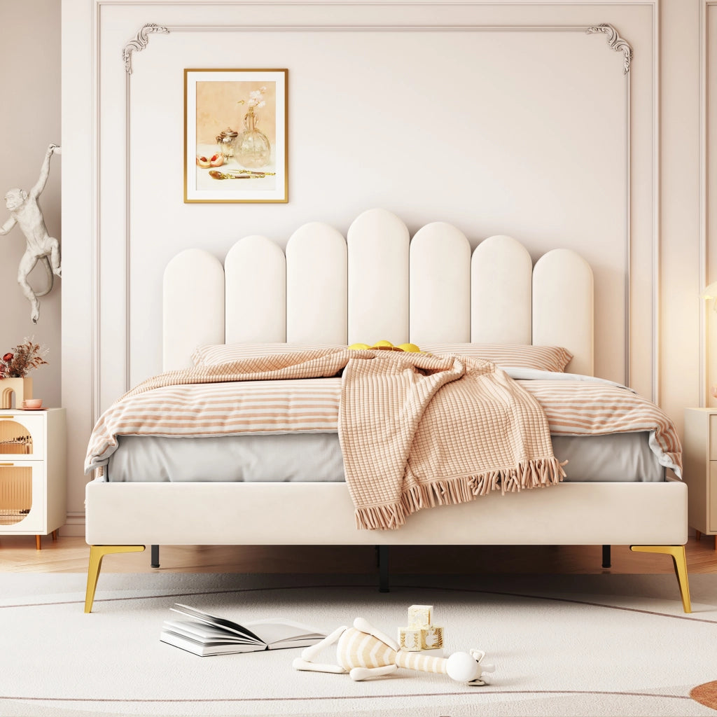LETTO imbottito 140 x 200 cm beige in velluto con testiera regolabile