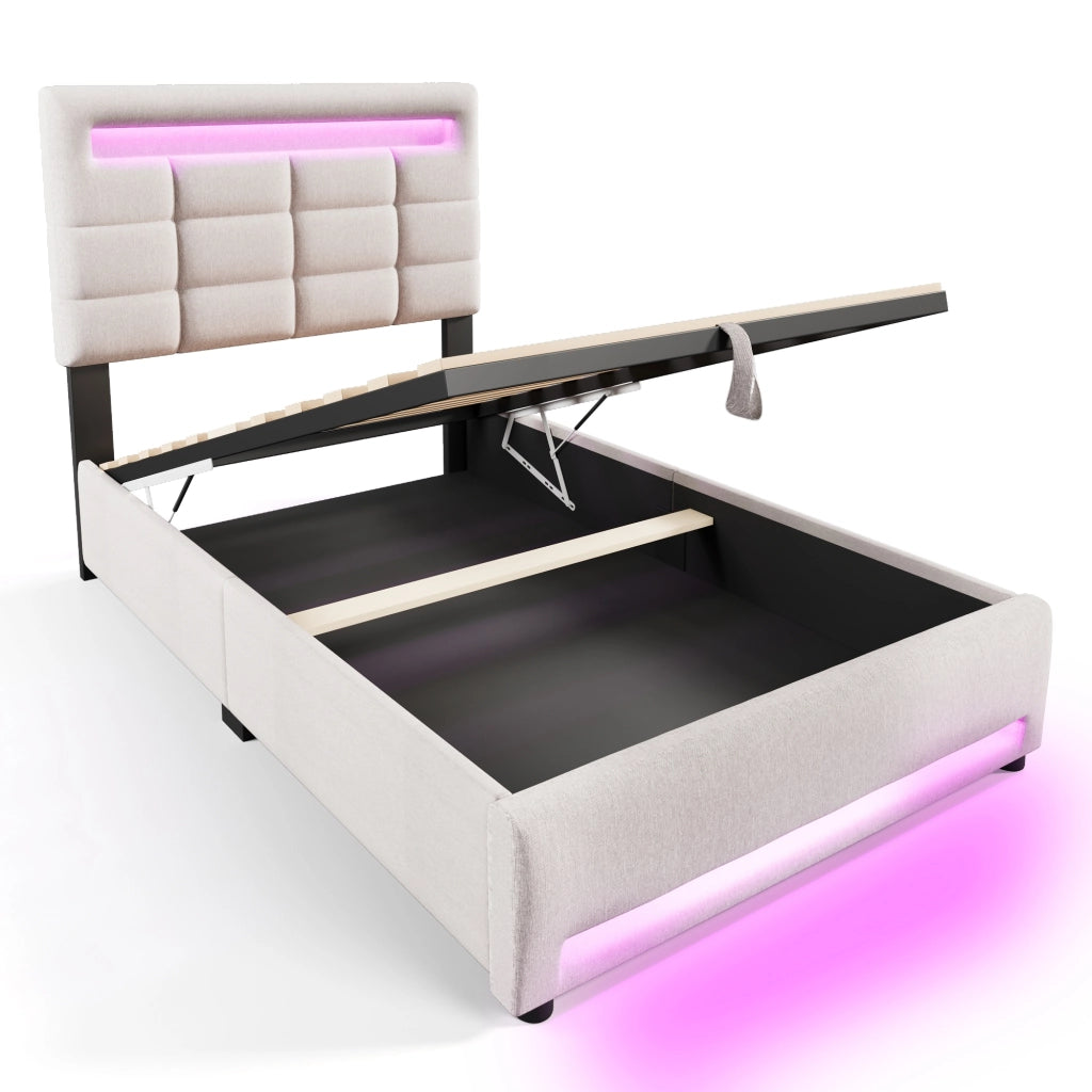 OKWISH Letto Singolo 90×200 cm con Contenitore, LED 16 Colori, USB e Controllo tramite App, senza Materasso, in Lino, Beige