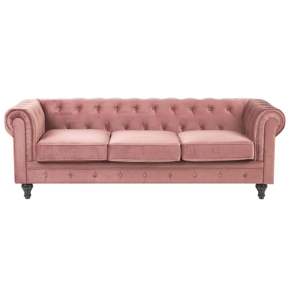 Divano Chesterfield Tessuto Velluto Rosa Rivestimento Gambe Nere 3 Posti