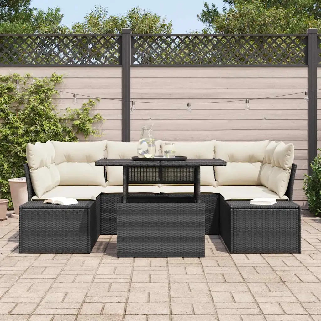Set Divano da Giardino con cuscino 7 pcs Nero e Crema