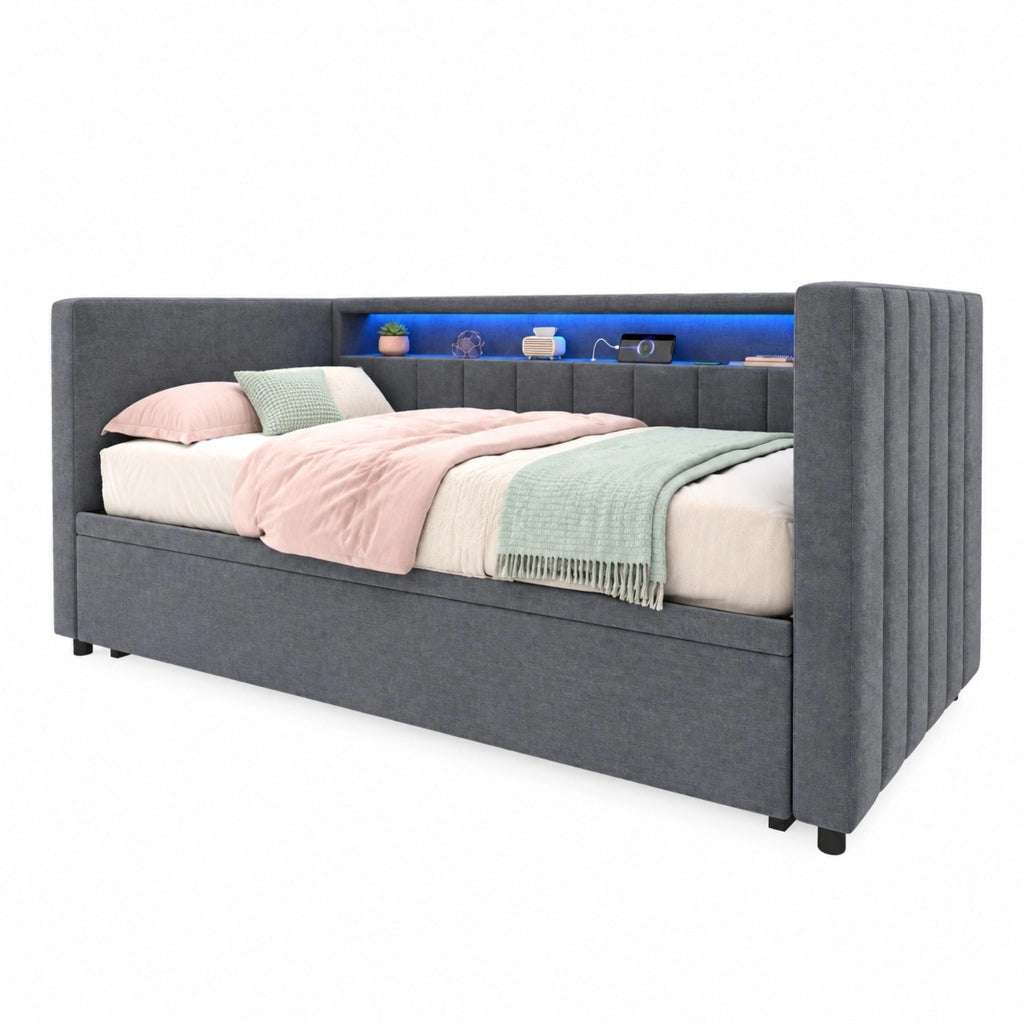 Divano letto estraibile 90x190 cm con LED; USB Type-C; velluto grigio scuro