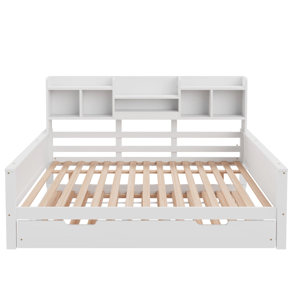 OKWISH Letto Divano 140×200 cm, Letto Matrimoniale con Letto Estraibile 90×190 cm, Contenitore e Mensole, senza Materasso, Legno, Bianco