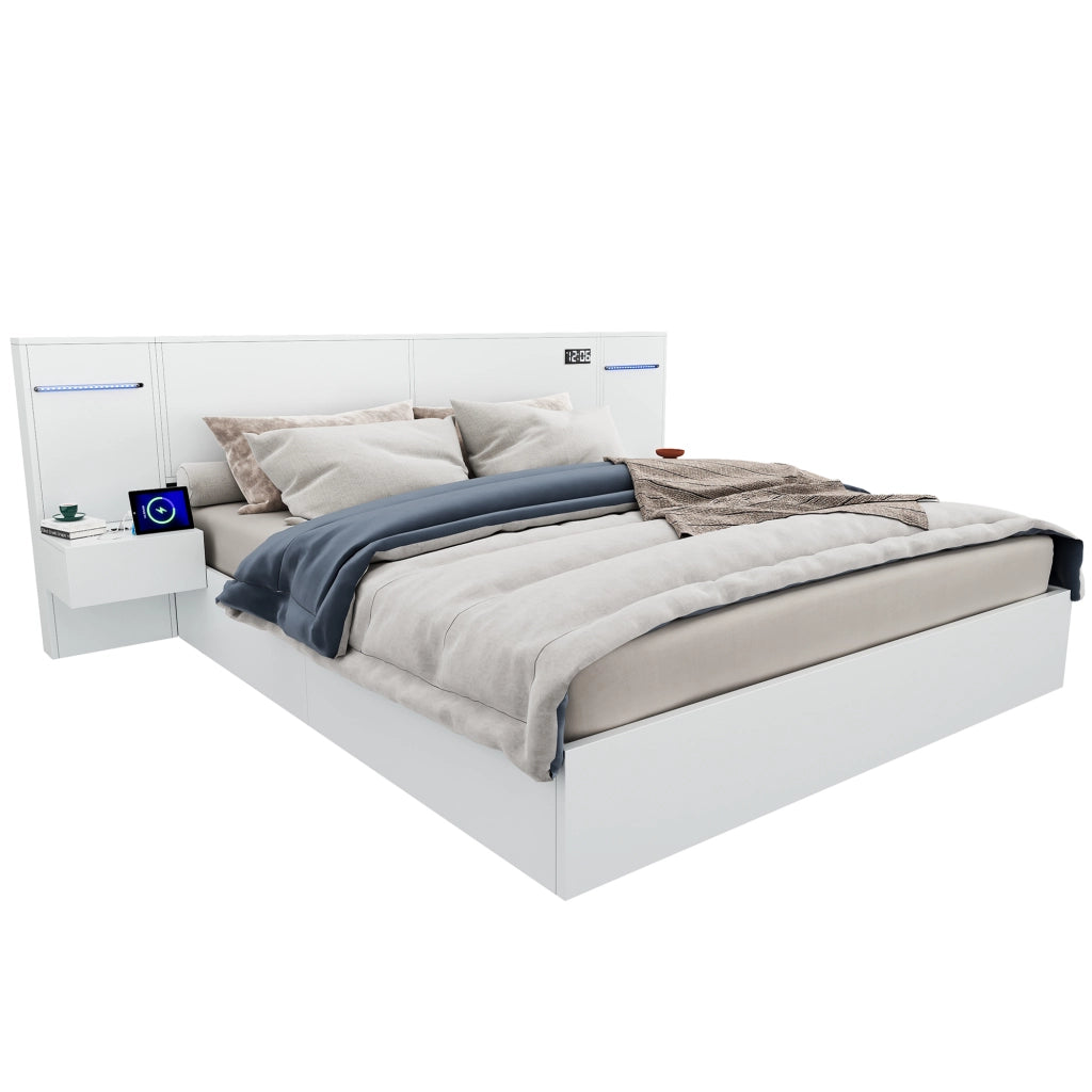OKWISH Letto Contenitore 160×200 cm, Letto Matrimoniale con USB A, USB C, Orologio Elettronico, Altoparlante Bluetooth e LED Regolabile, senza Materasso, Bianco