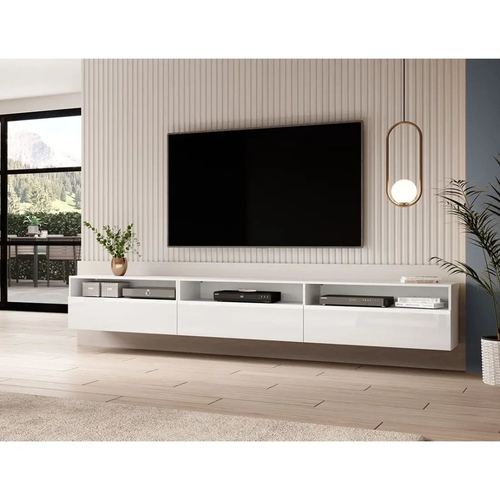 Buffet RAMOS – 2 porte in vetro + 3 cassetti – Color bianco lucido e nero – LED multicolori integrate
