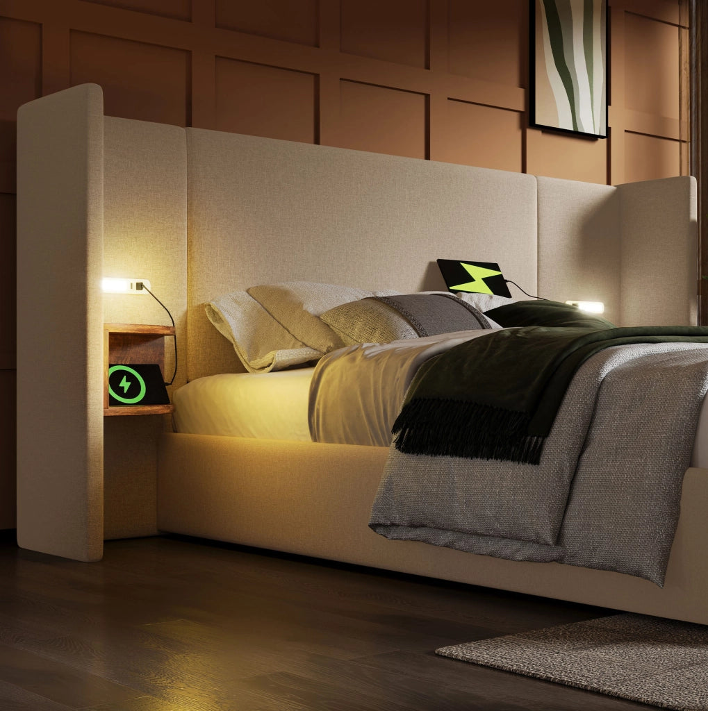 Letto matrimoniale con contenitore 160x200 cm; testiera con luce lettura; USB e Type-C; beige in lino