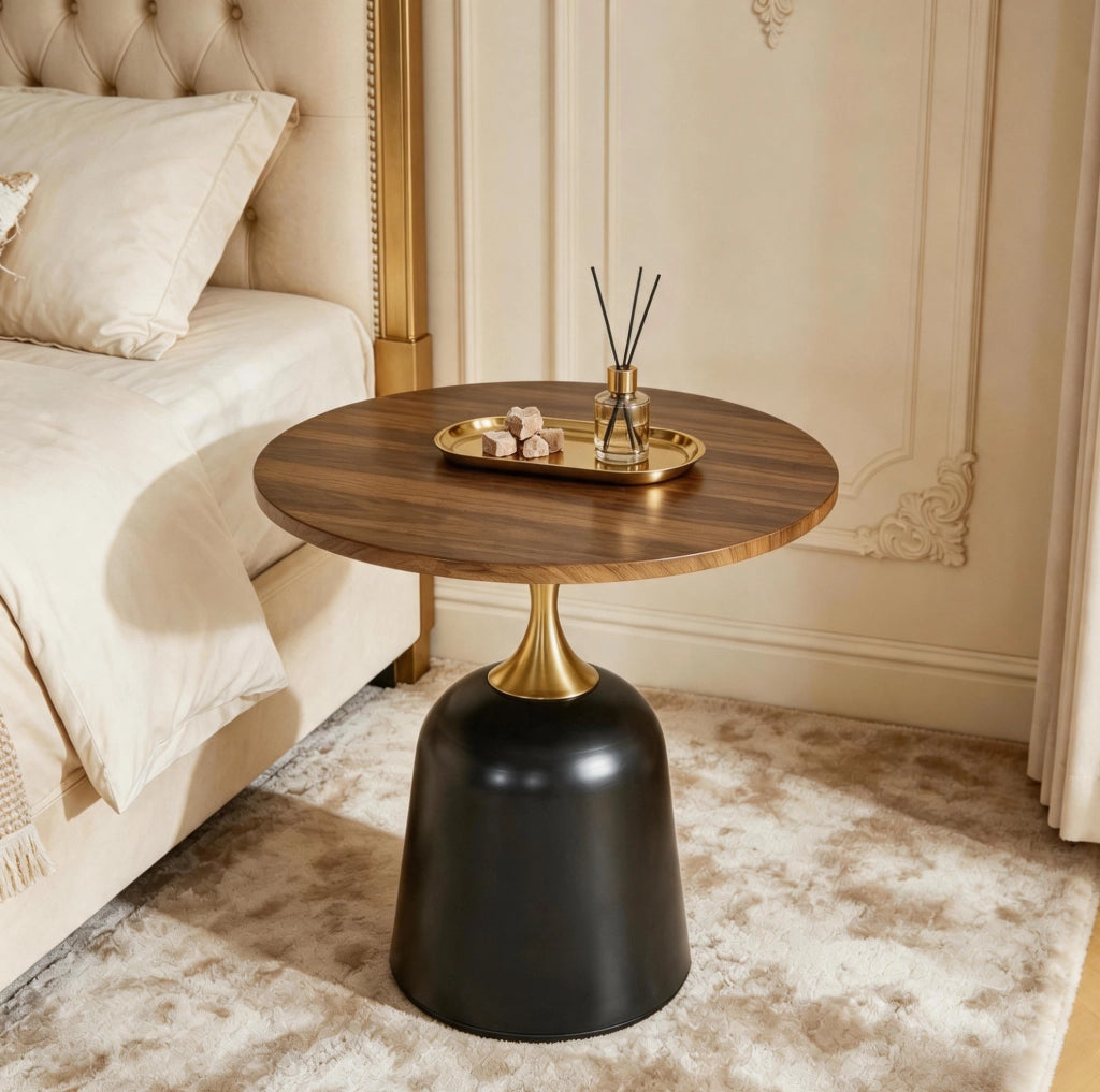 Tavolino rotondo con struttura in metallo; 70 × 69 × 40 cm; melamina noce e nero