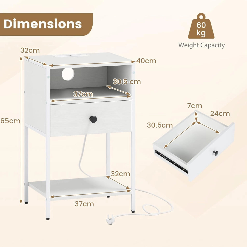 Comodino con stazione di ricarica integrata, cassetto e scomparto, poggiapiedi regolabili, comodino per camera da letto, soggiorno, ufficio, stile industriale, 40 x 32 x 65 cm (bianco