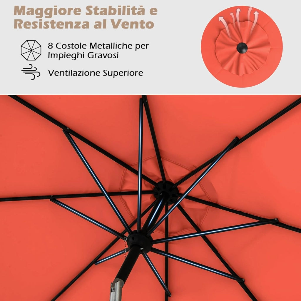 Ombrellone da Giardino, Diametro 290 cm, Ombrello da Spiaggia con Manovella e Inclinazione Regolabile, Ideale per Spiaggia, Balcone, Giardino (Arancione)