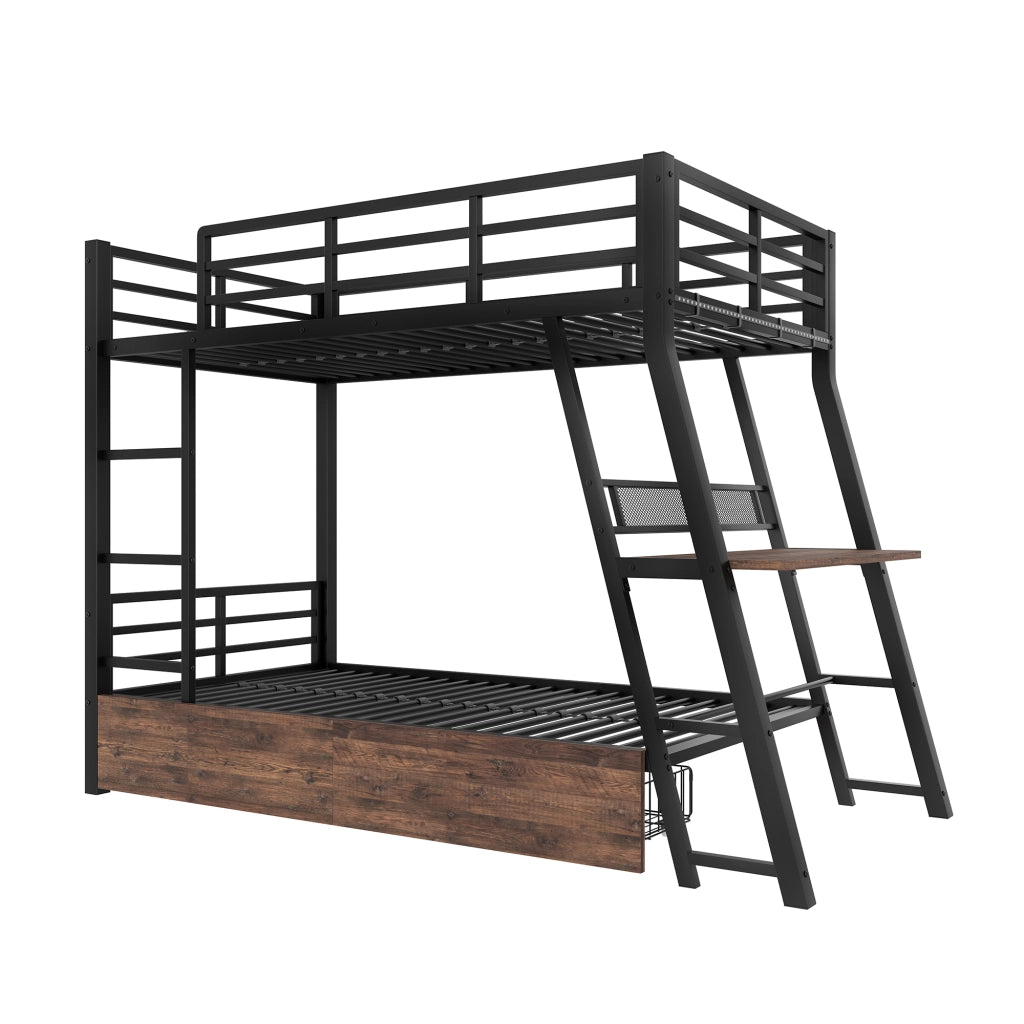 Letto a soppalco 90×200 cm; letto singolo con LED; 2 cassetti; scrivania; scala e barriera; senza materasso
