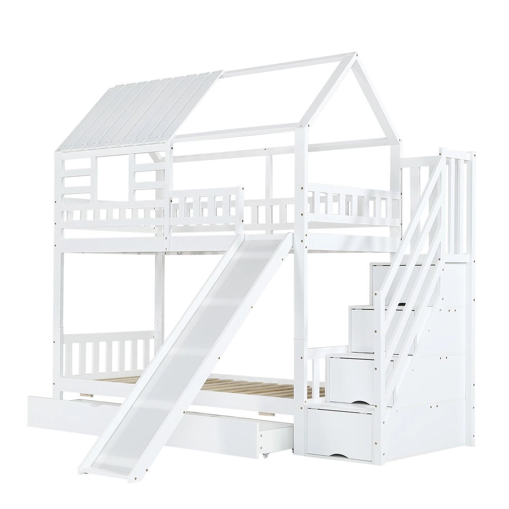 Letto a Castello con Scivolo e Scala con Vano ¨C MINIMAL ¨C Pino/MDF, Bianco, 90x200
