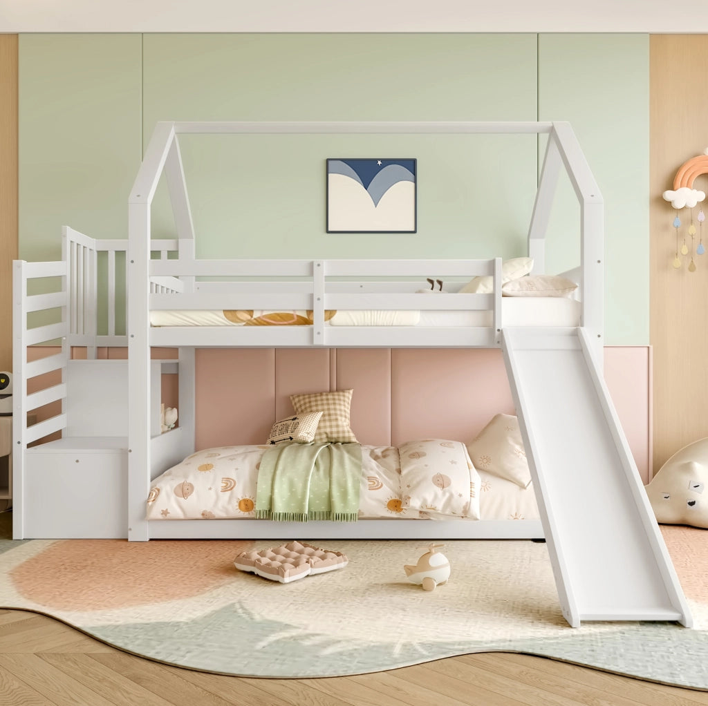 Letto a castello 90x200 cm con scivolo e scala, bianco
