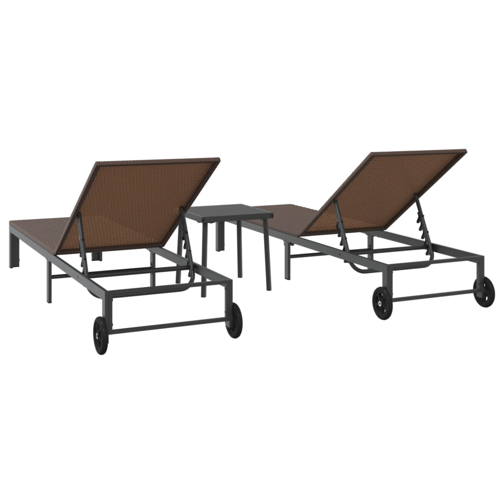 Lettini 2 pcs con Ruote e Tavolo Marrone in Polyrattan