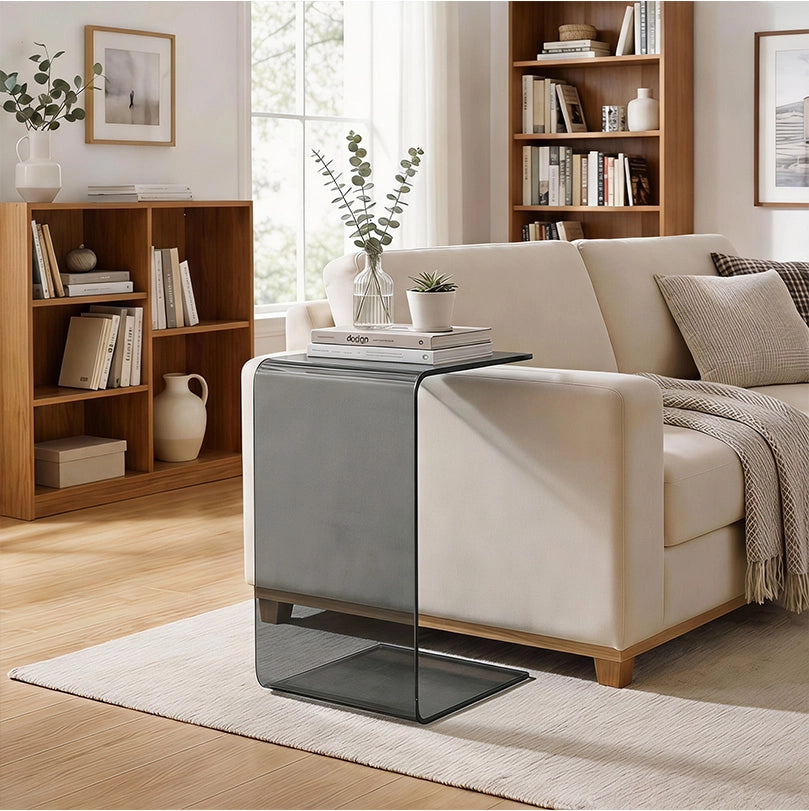 Table Basse en Verre, Table de Salon Rectangulaire Design Moderne avec Bords Arrondis Sûrs, Gris Clair Transparent