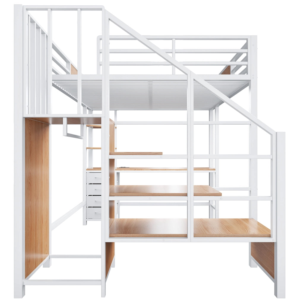 Hochbett in metallo 140x200 cm con scrivania, ripiani, barra appendiabiti, LED e presa europea