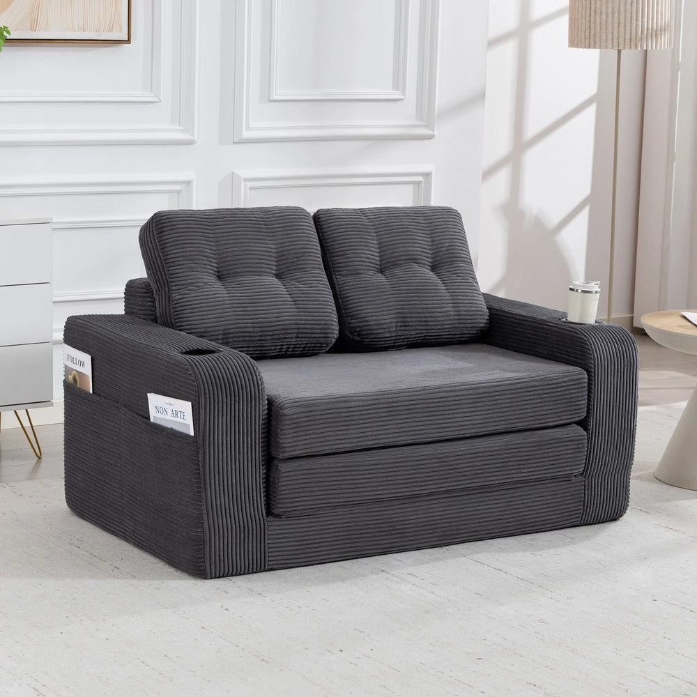 Divano 2 Posti in Tessuto a Coste con Cuscini Trapuntati e Tasche Laterali ¨C MINIMAL ¨C Grigio