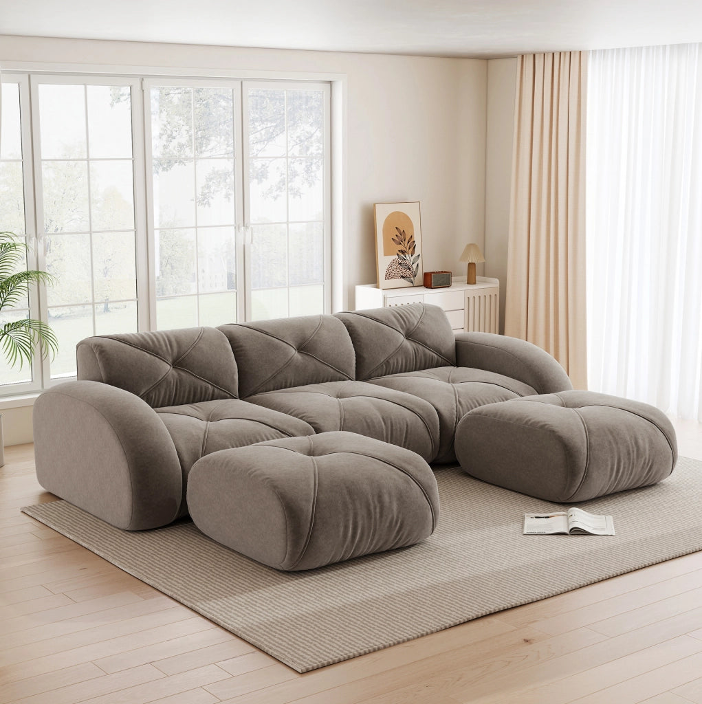 Divano modulare a U 281x171x76 cm in chenille tortora; struttura senza telaio