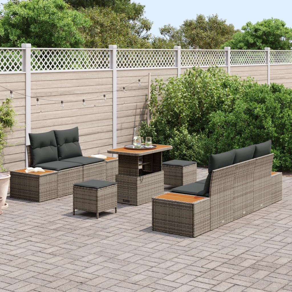 Set di Divani da Giardino 8 Pezzi con Cuscini Grigio Rattan Acacia