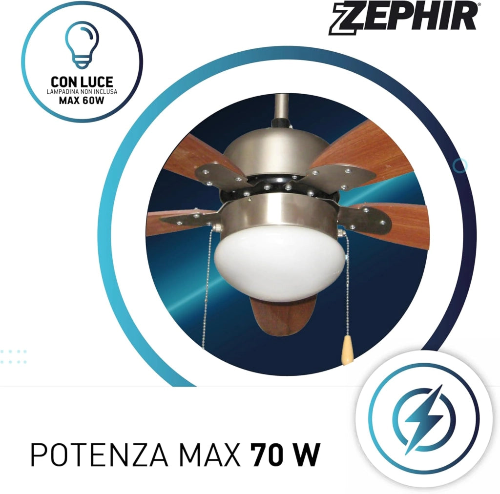 ZEPHIR ZFS9110M Ventilatore da Soffitto 130 cm con Luce E27, 5 Pale in Legno Marrone, Reversibile Estate/Inverno, 3 Velocità, Paralume in Vetro, Comando a Cordicella, 70W, Struttura in Metallo
